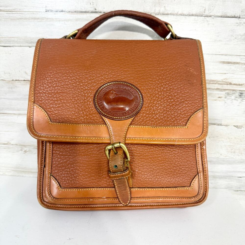 Vintage Dooney & Bourke Messenger Handbag Tan Leather Square - missing strap